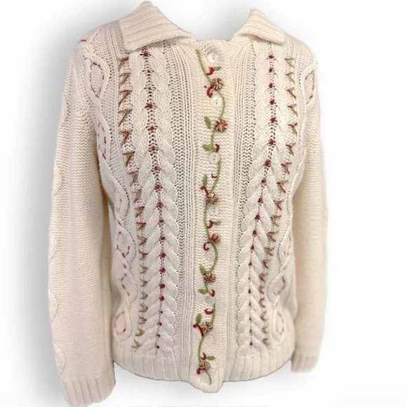 Christopher & Banks Button Down Hand Embroidered Christmas Sweater Cream/Red Med - Picture 2 of 11